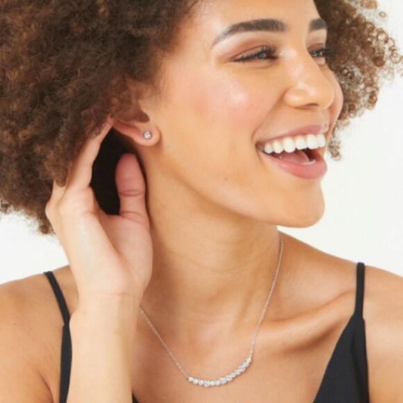 4CTTW Round CZ Bezel Bar Necklace with Bezel Stud Earrings - Picture 2 of 9